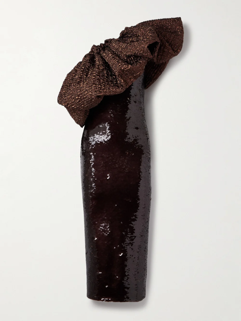 Dima Ayad One-shoulder Metallic Cloqué-trimmed Sequined Satin-jersey Midi Dress in brown