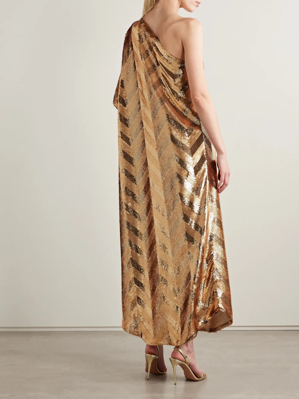 Back view of the Dima Ayad One-shoulder Sequined Crepe De Chine Gown