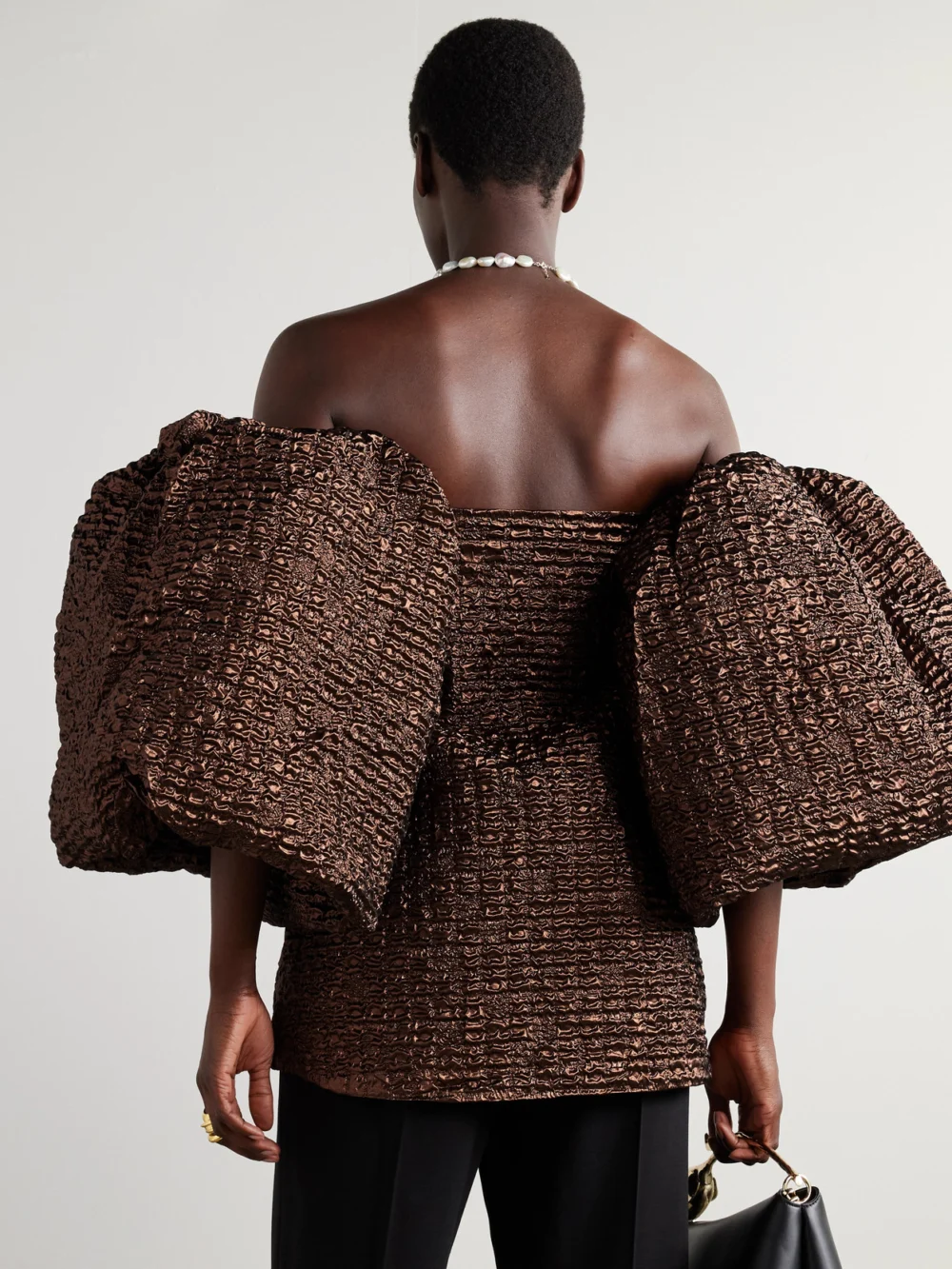 Back view of the Dima Ayad Strapless Metallic Cloqué Top