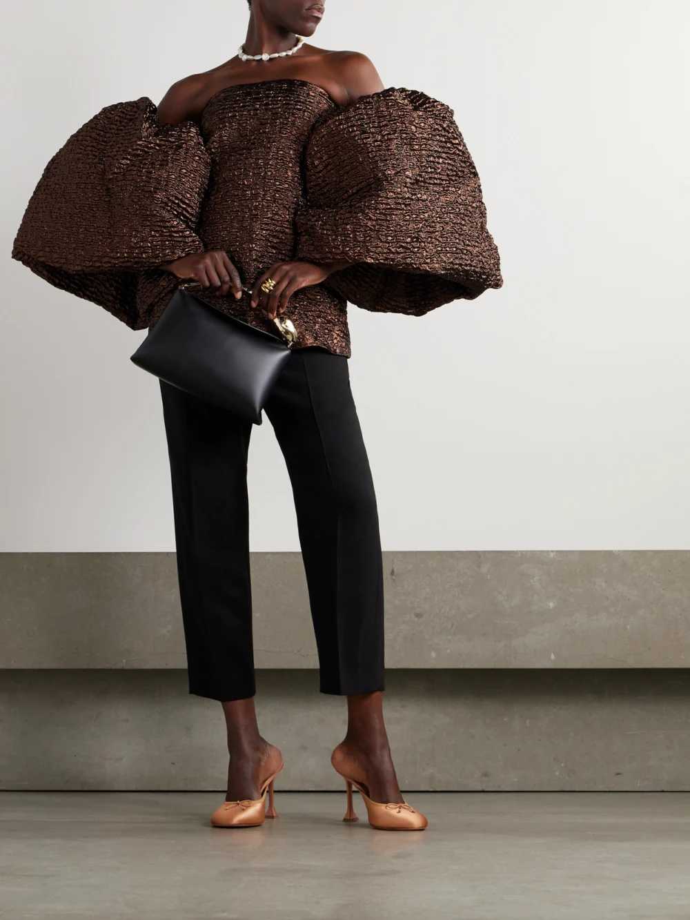 Dima Ayad Strapless Metallic Cloqué Top, worn by a model