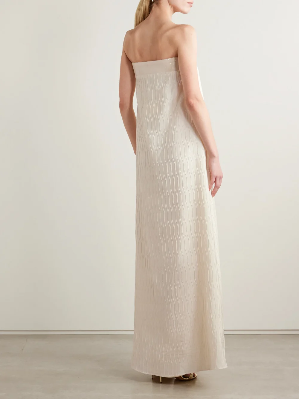 Back view of the Dima Ayad Strapless Sequin-embellished Cloqué Gown