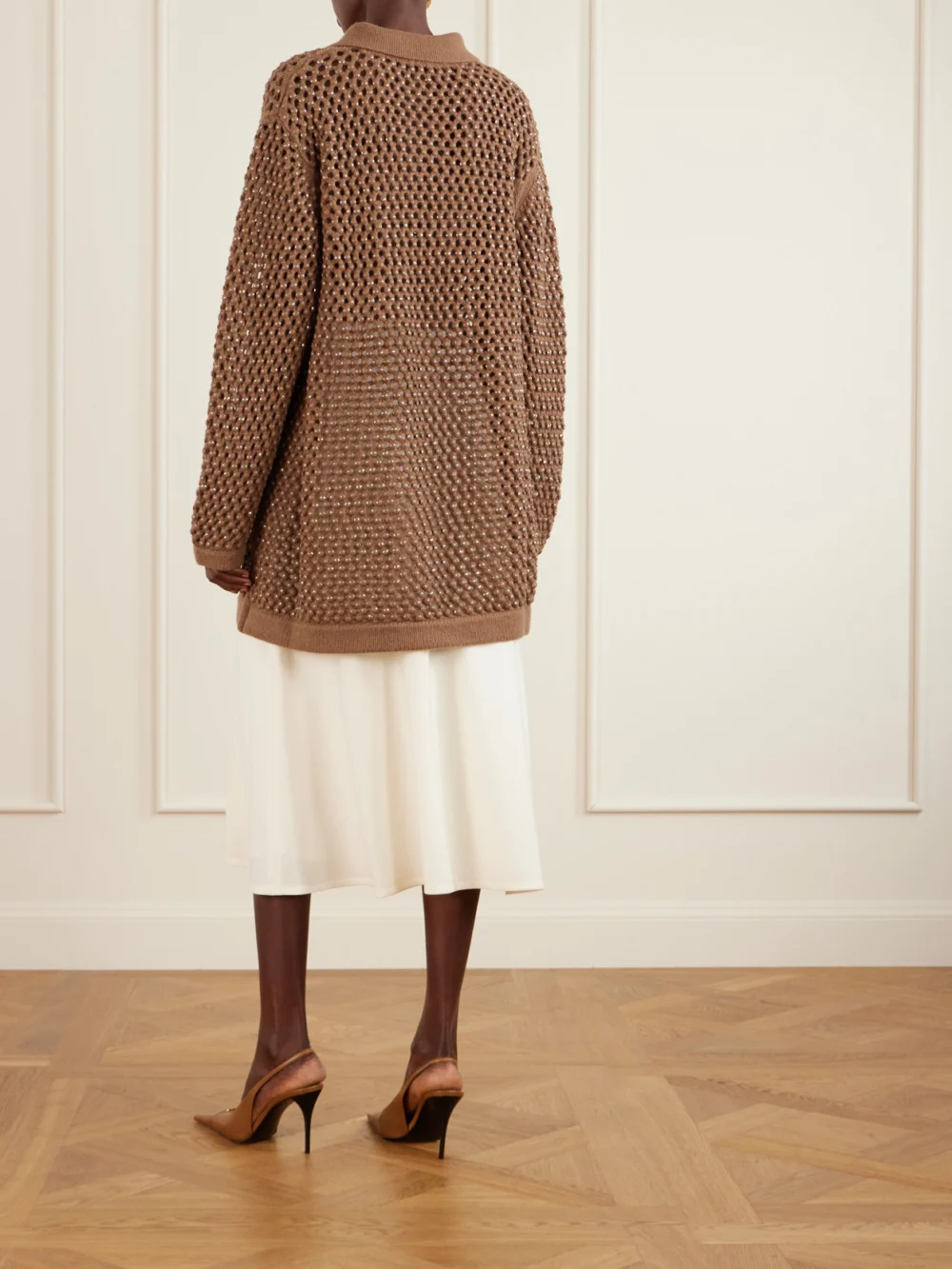 Back view of the Diotima Crystal-embellished Open-knit Wool Cardigan