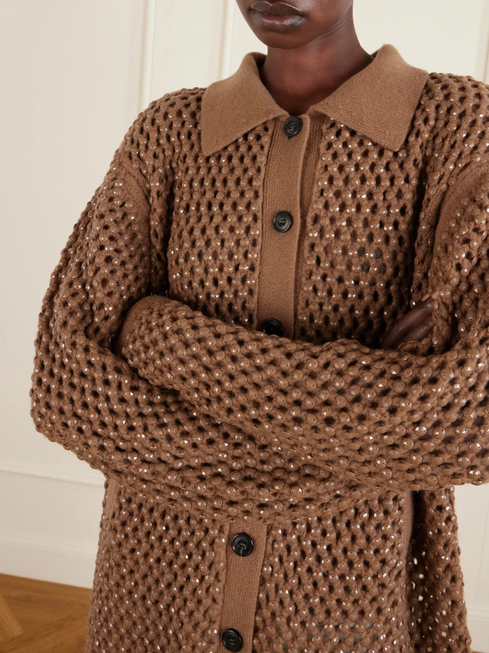 Close-up detail of the Diotima Crystal-embellished Open-knit Wool Cardigan