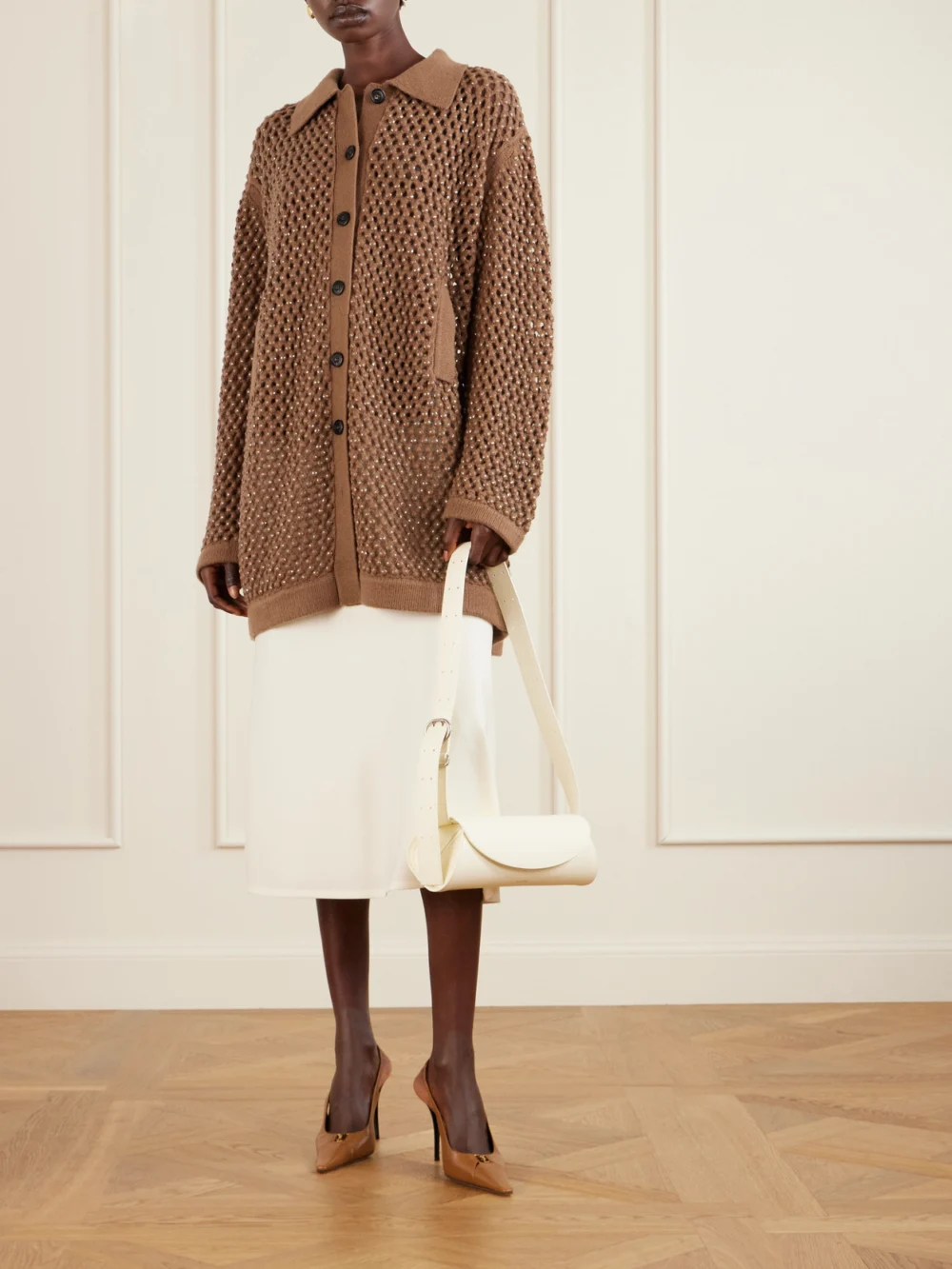 Diotima Crystal-embellished Open-knit Wool Cardigan, worn by a model