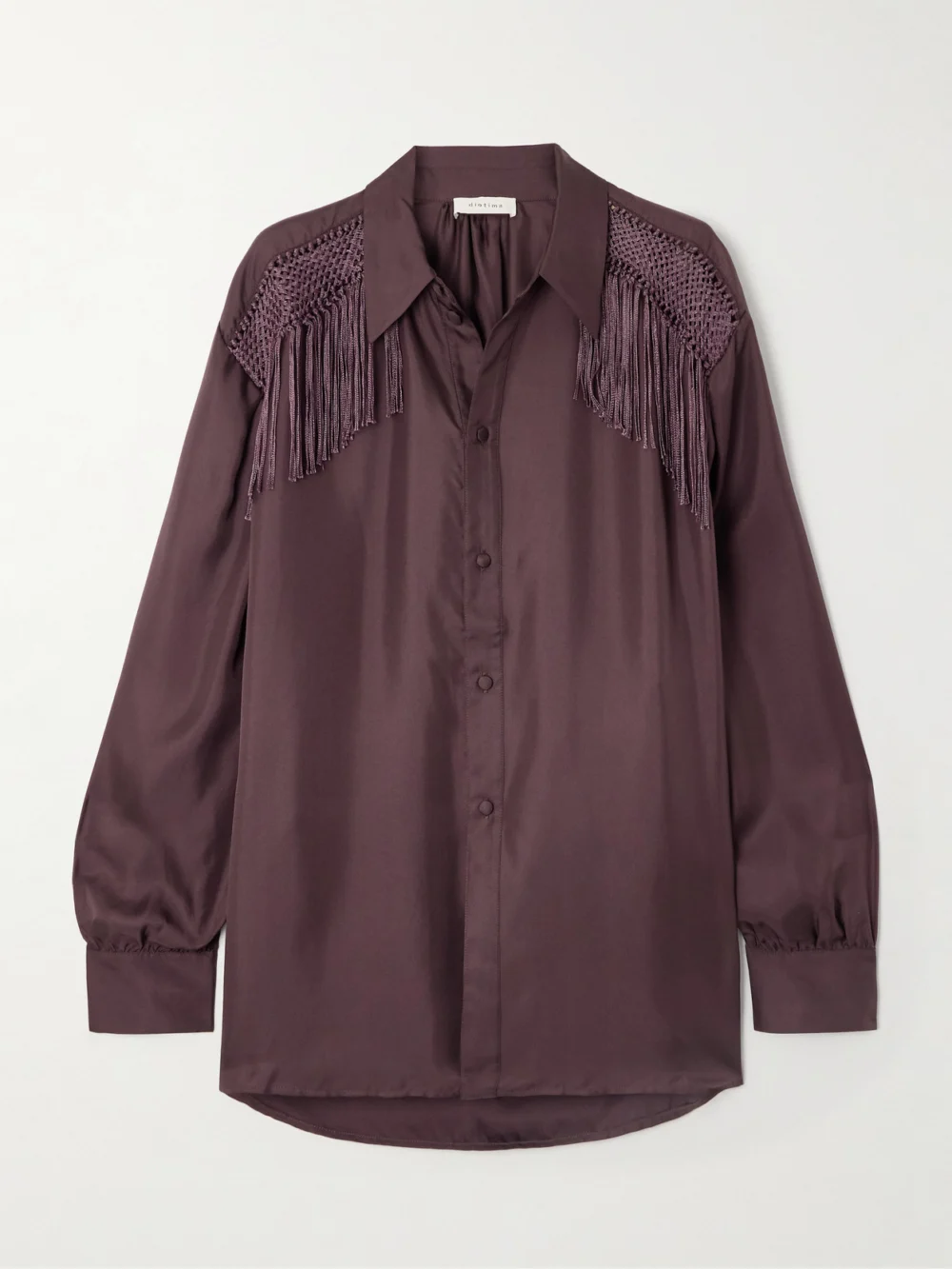 Diotima Epaulette Crochet-trimmed Fringed Silk-twill Shirt in burgundy
