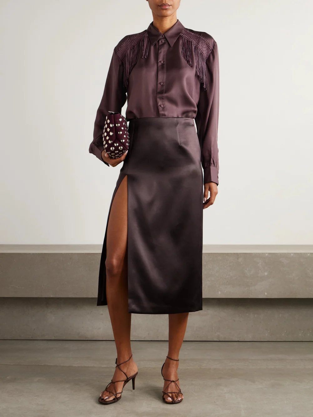 Diotima Epaulette Crochet-trimmed Fringed Silk-twill Shirt, worn by a model