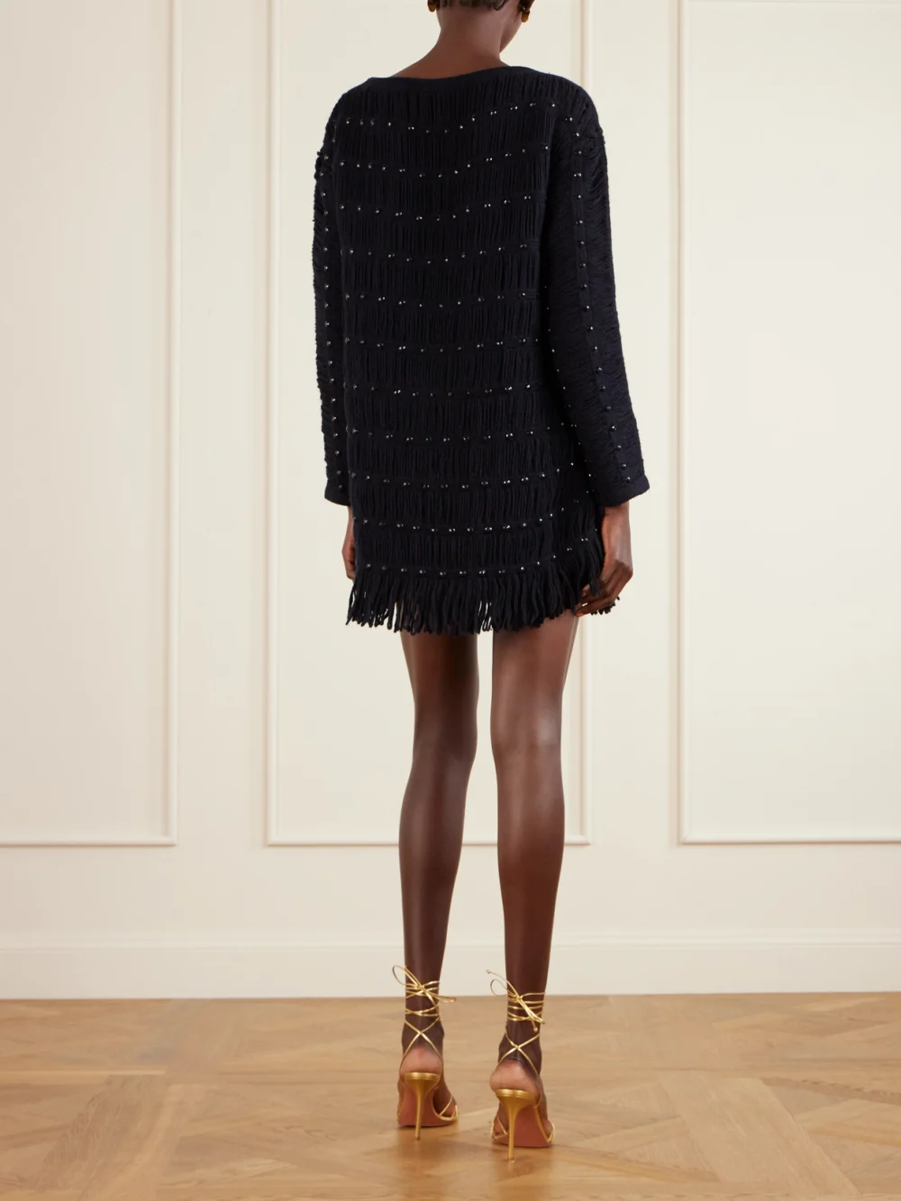 Back view of the Diotima Notte Fringed Embellished Open-knit Merino Wool-blend Mini Dress