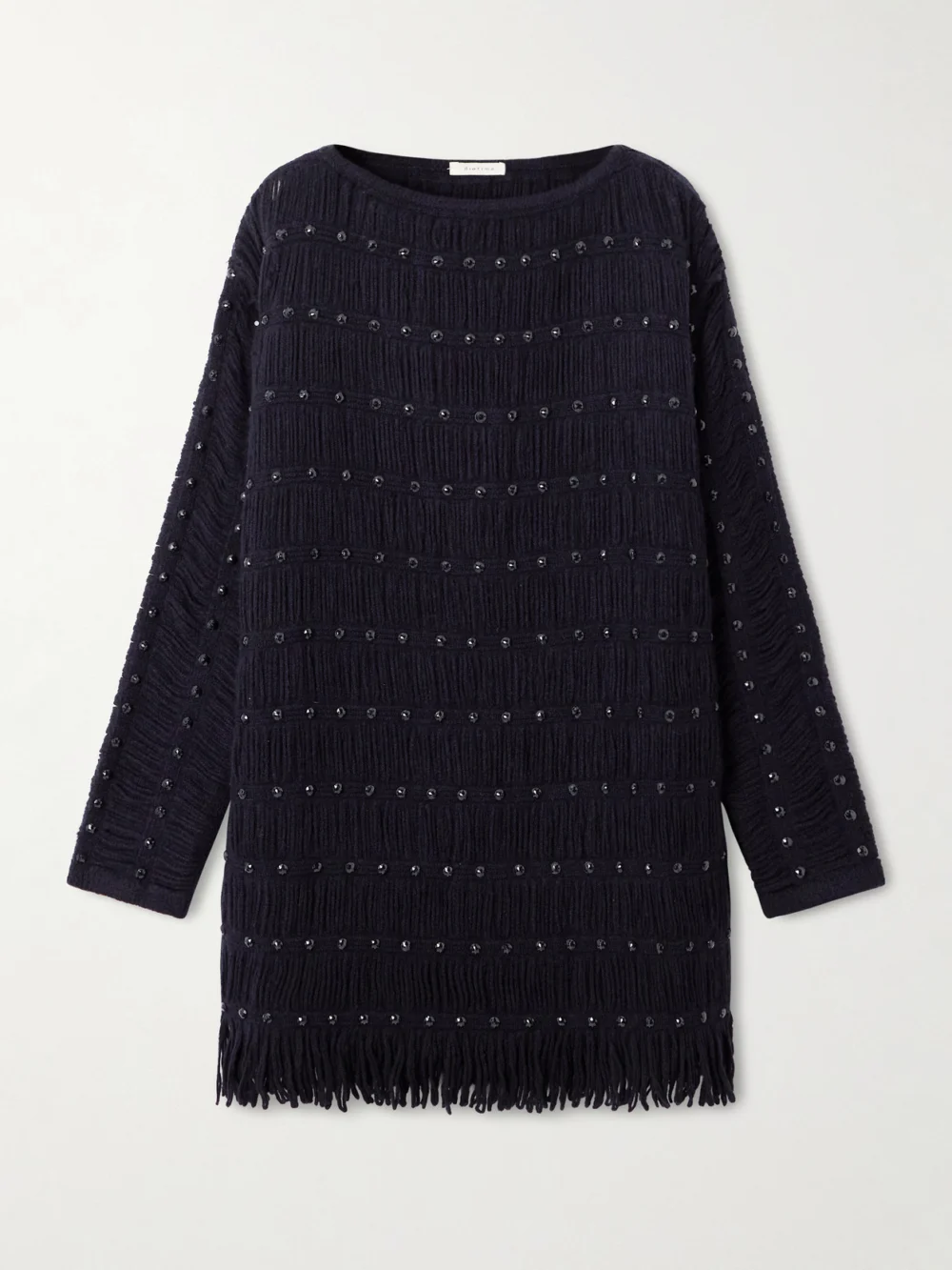 Diotima Notte Fringed Embellished Open-knit Merino Wool-blend Mini Dress in navy