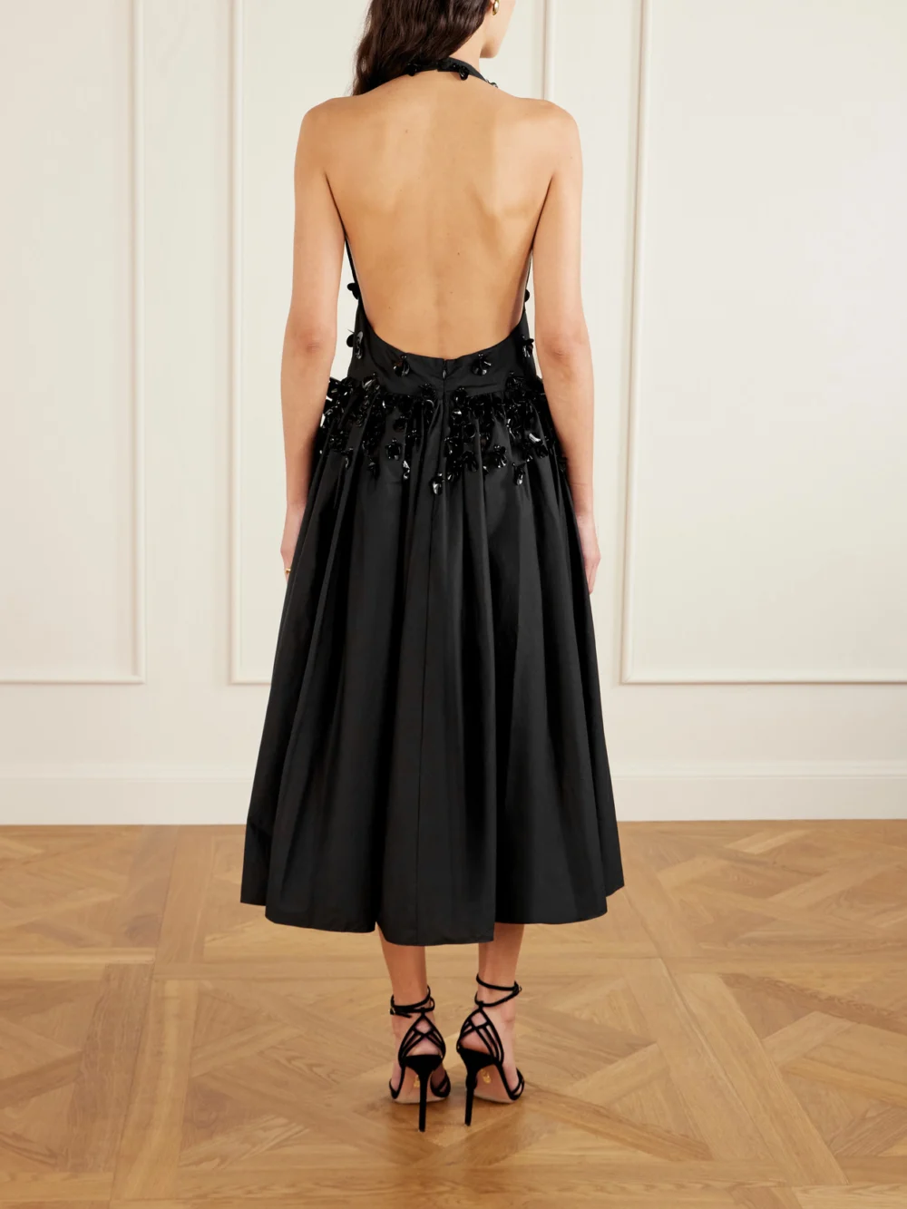 Back view of the Diotima Open-back Embellished Pleated Cotton-poplin Halterneck Midi Dress