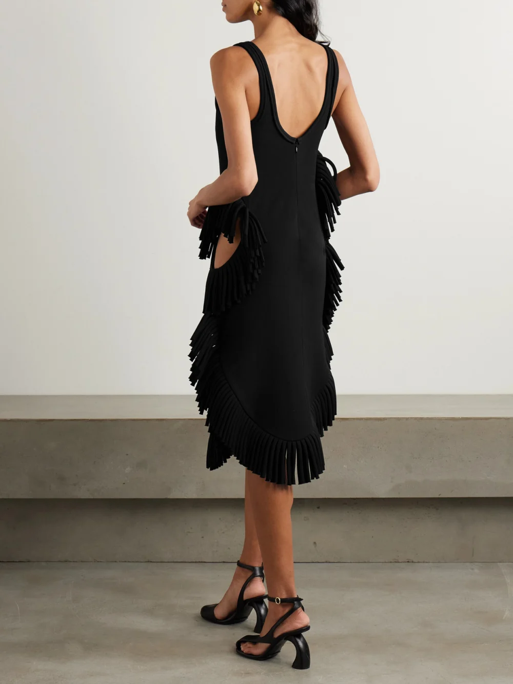 Back view of the Diotima Scatter Asymmetric Cutout Fringed Wool-twill Midi Dress