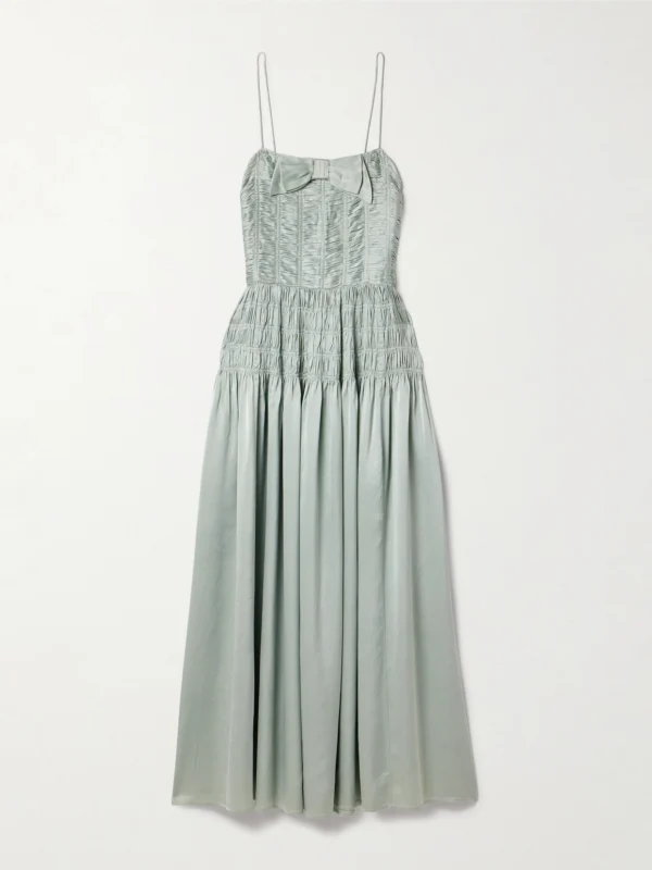 Dôen Ambrosia Bow-detailed Shirred Silk-satin Midi Dress