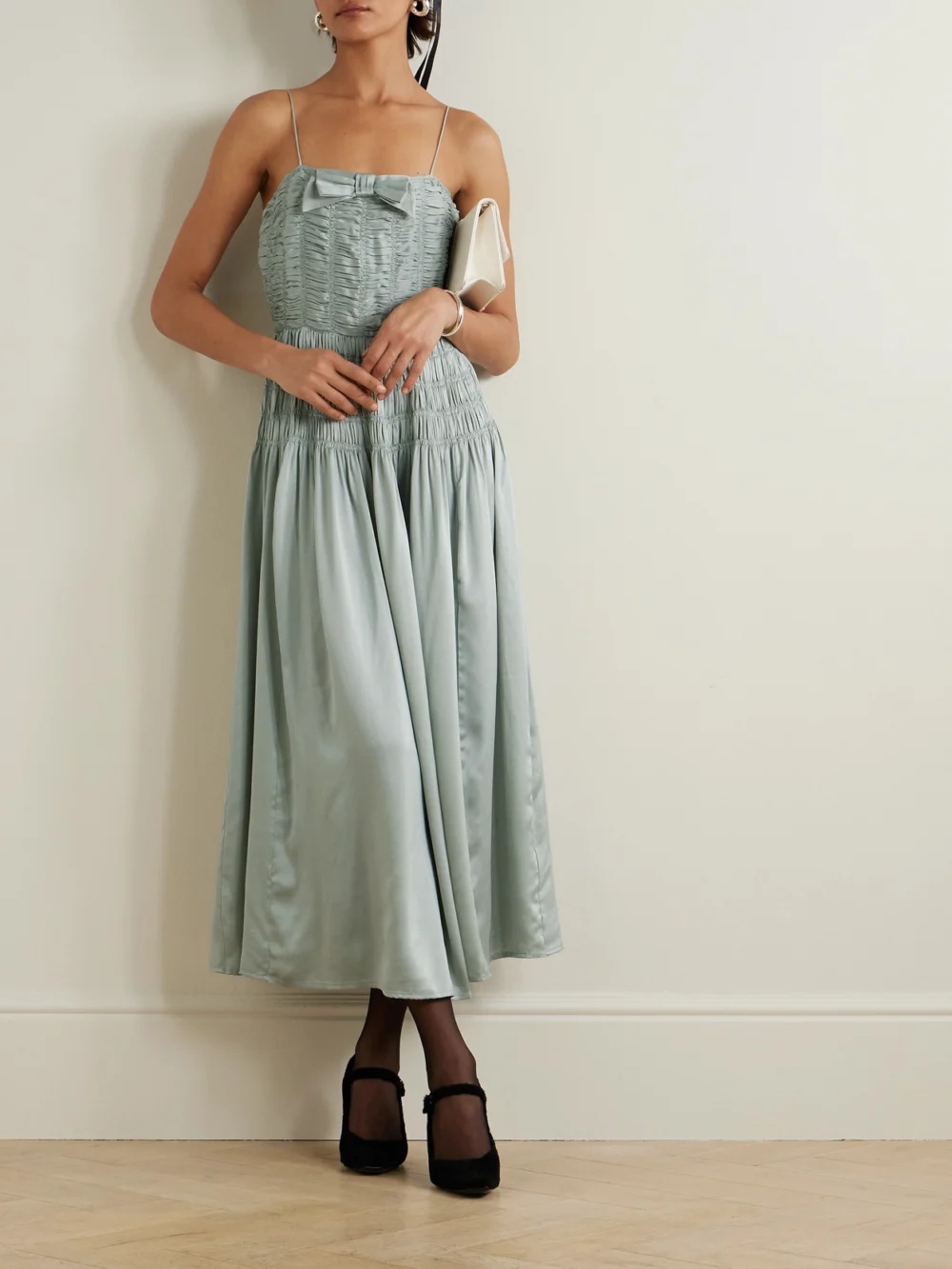 Dôen Ambrosia Bow-detailed Shirred Silk-satin Midi Dress, worn by a model