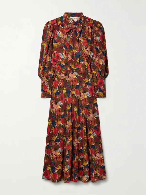 Dôen Blossom Pussy-bow Floral-print Silk-crepe Maxi Dress