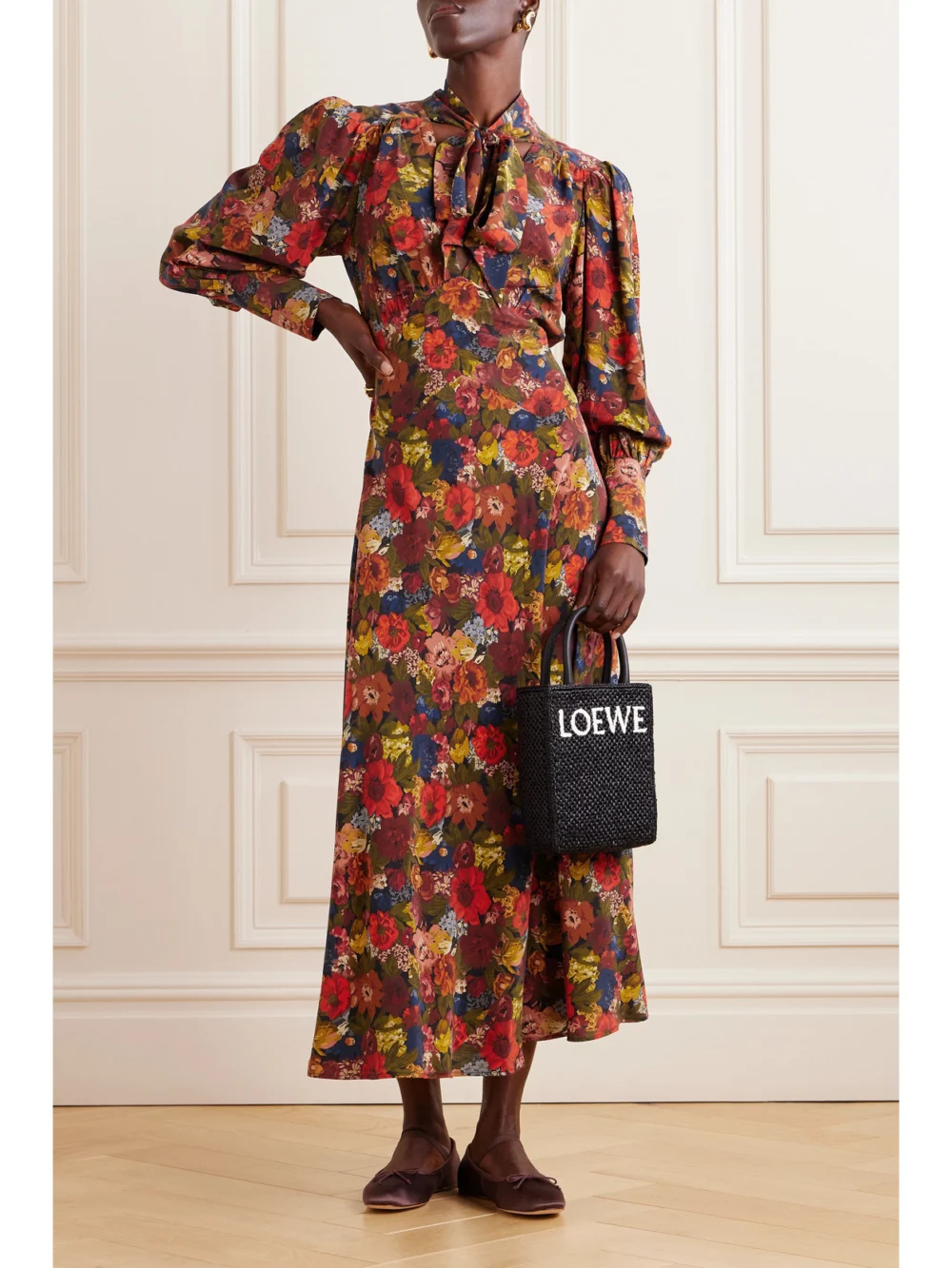 Dôen Blossom Pussy-bow Floral-print Silk-crepe Maxi Dress, worn by a model