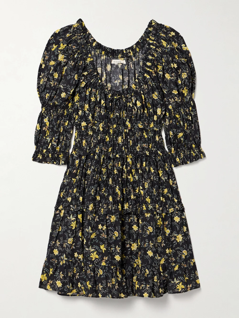 Dôen Ismene Shirred Floral-print Organic Cotton-blend Voile Mini Dress in black