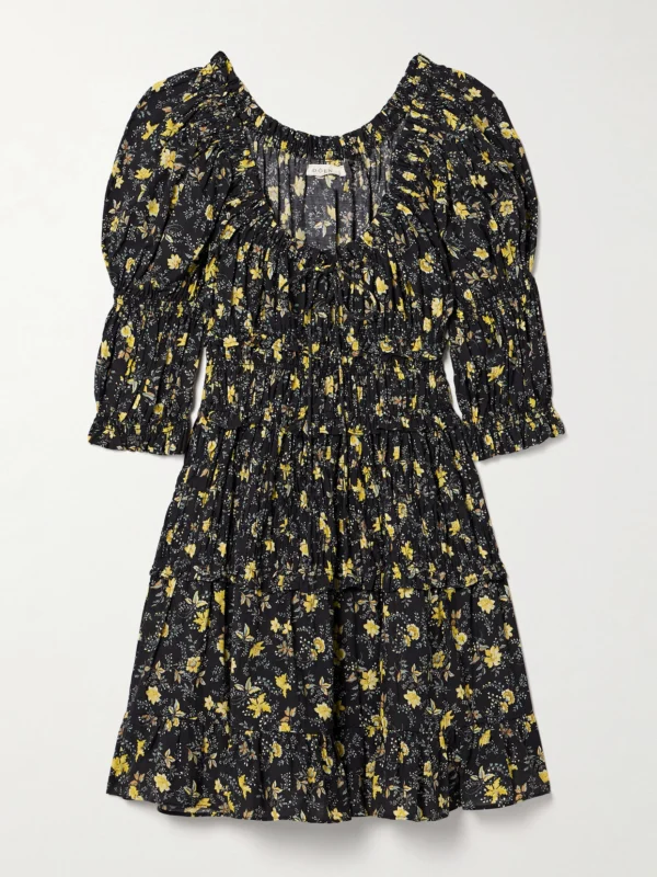 Dôen Ismene Shirred Floral-print Organic Cotton-blend Voile Mini Dress