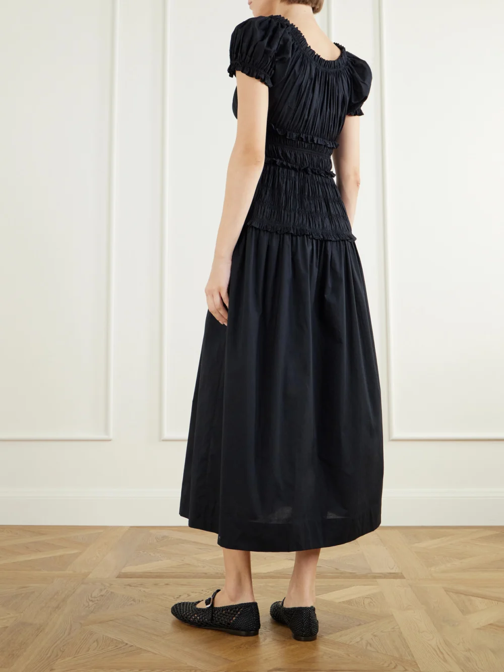 Back view of the Dôen Leanne Shirred Organic Cotton-poplin Midi Dress