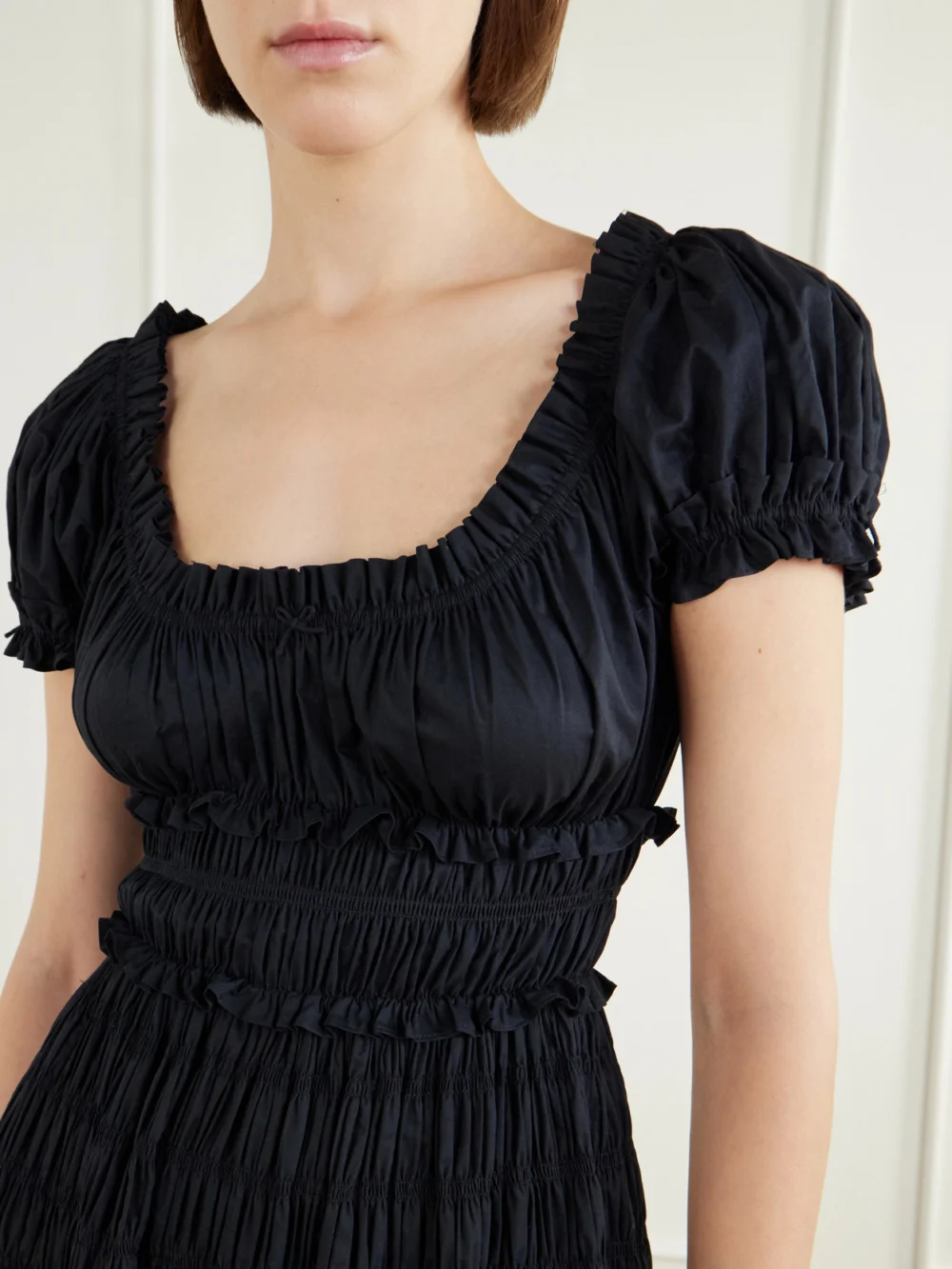 Close-up detail of the Dôen Leanne Shirred Organic Cotton-poplin Midi Dress