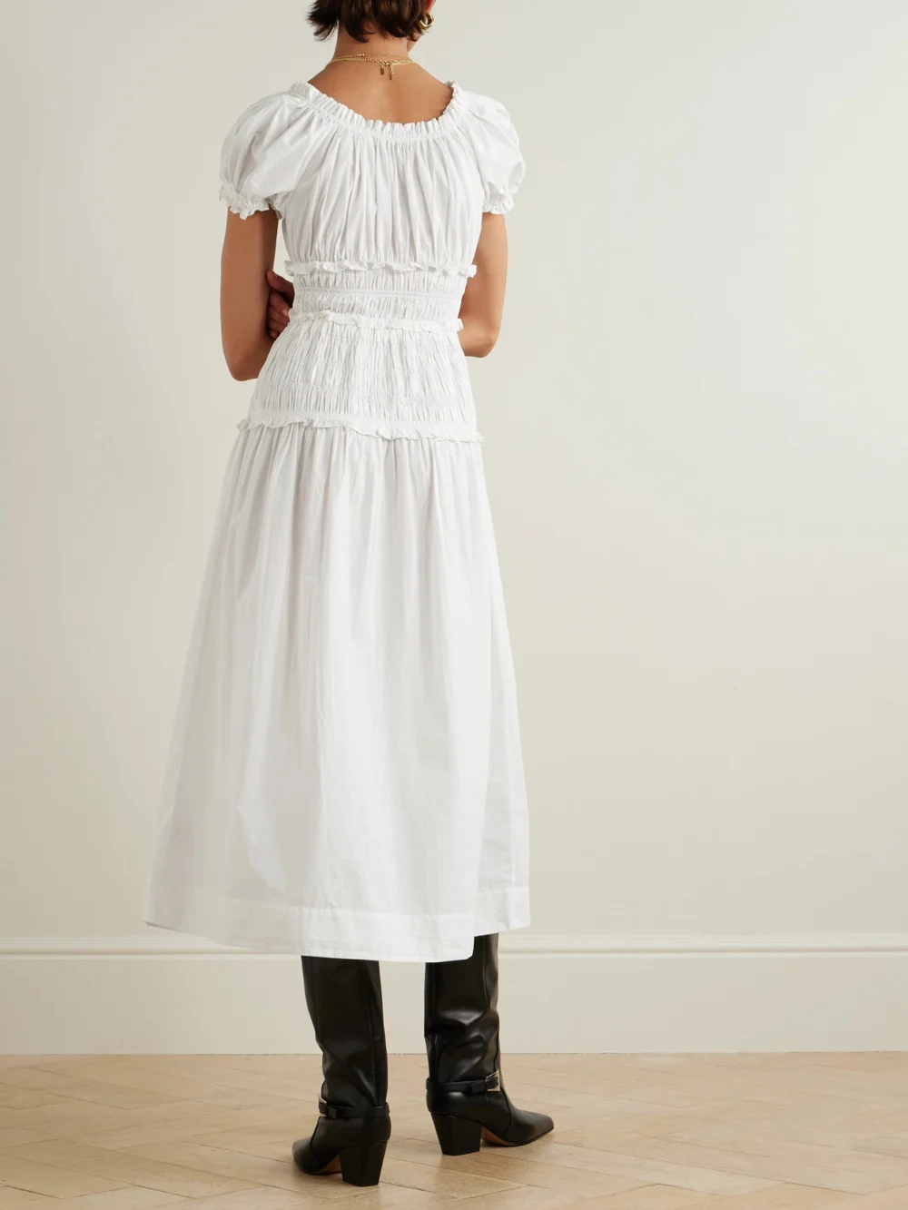 Back view of the Dôen Leanne Shirred Organic Cotton-poplin Midi Dress
