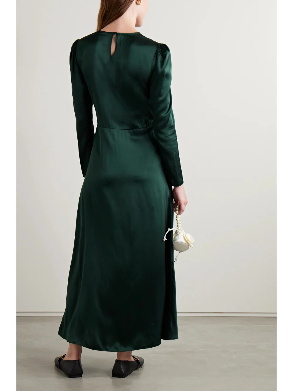 Back view of the Dôen Melinda Embroidered Silk-satin Midi Dress