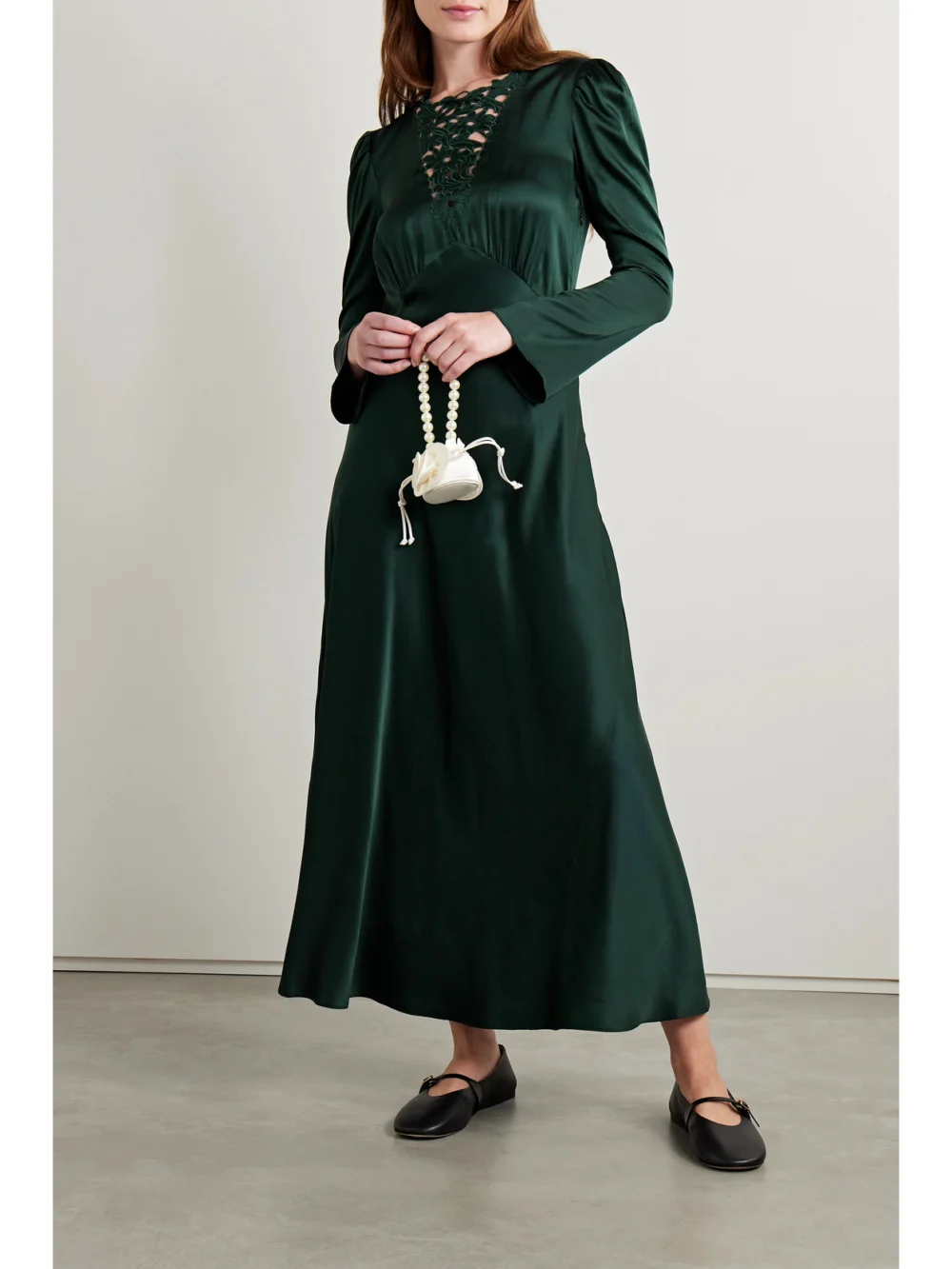 Dôen Melinda Embroidered Silk-satin Midi Dress, worn by a model