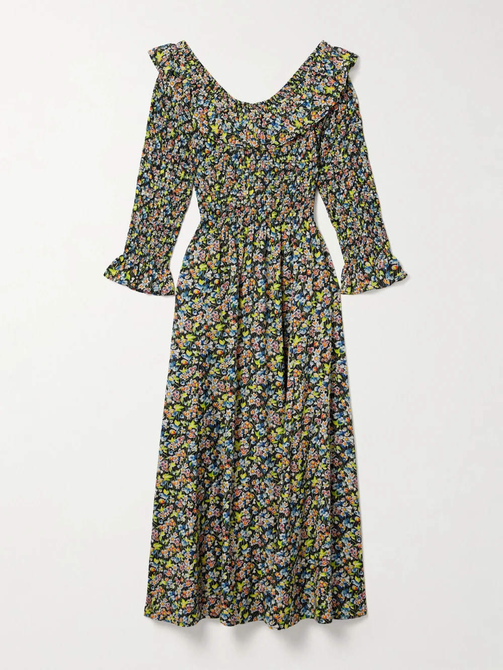 Dôen Rosenda Ruffled Shirred Floral-print Organic Cotton-blend Voile Midi Dress in green