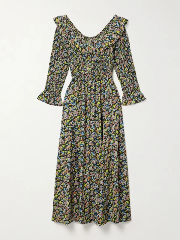 Dôen Rosenda Ruffled Shirred Floral-print Organic Cotton-blend Voile Midi Dress