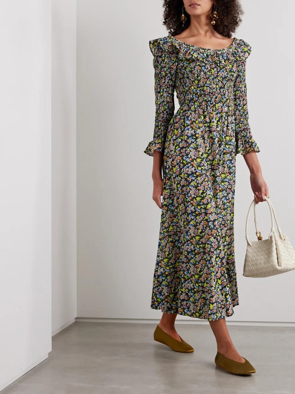 Dôen Rosenda Ruffled Shirred Floral-print Organic Cotton-blend Voile Midi Dress, worn by a model
