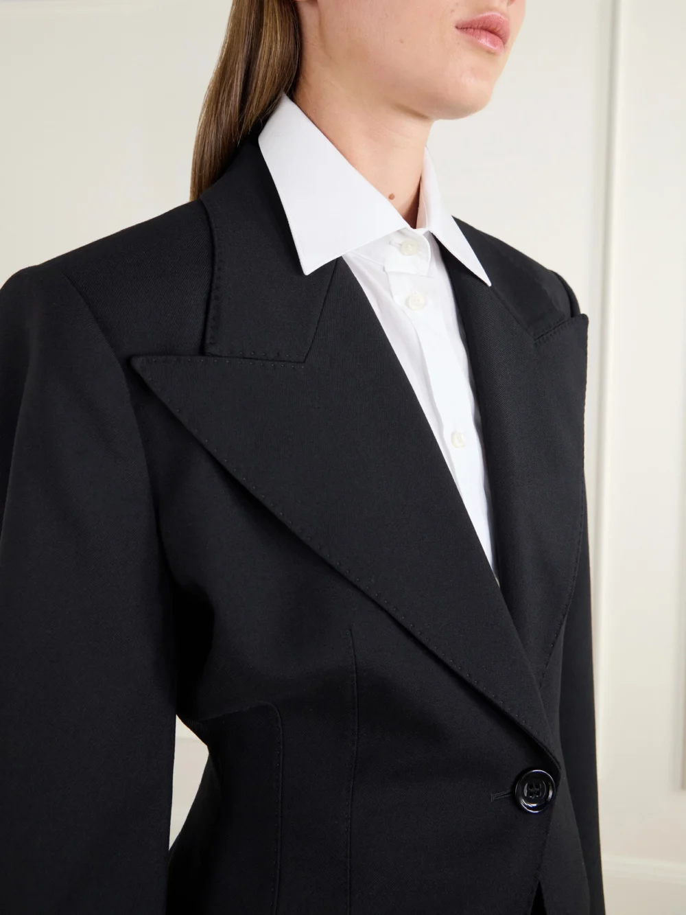 Close-up detail of the Dolce & Gabbana Darted Wool-blend Gabardine Blazer