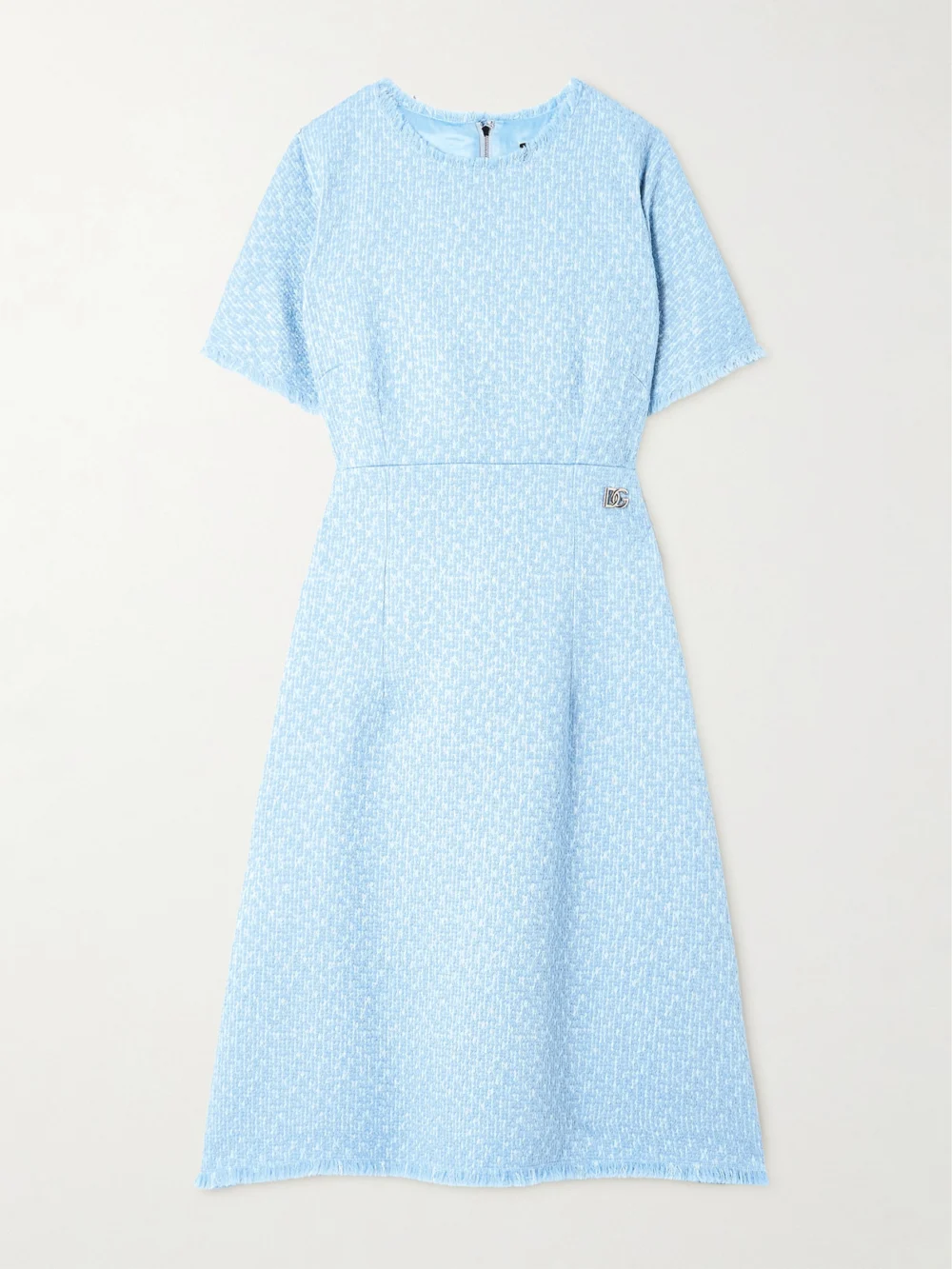 Dolce & Gabbana Embellished Frayed Wool-blend Tweed Dress in blue