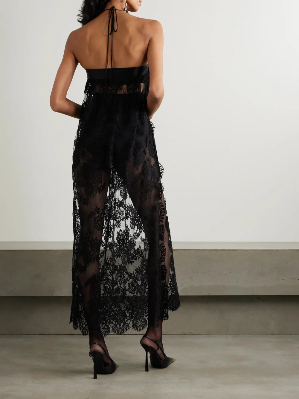Back view of the Dolce & Gabbana Halterneck Satin-trimmed Cotton-blend Lace Midi Wrap Dress