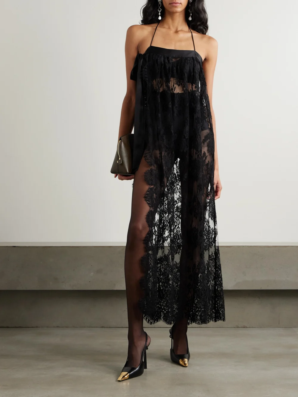 Dolce & Gabbana Halterneck Satin-trimmed Cotton-blend Lace Midi Wrap Dress, worn by a model