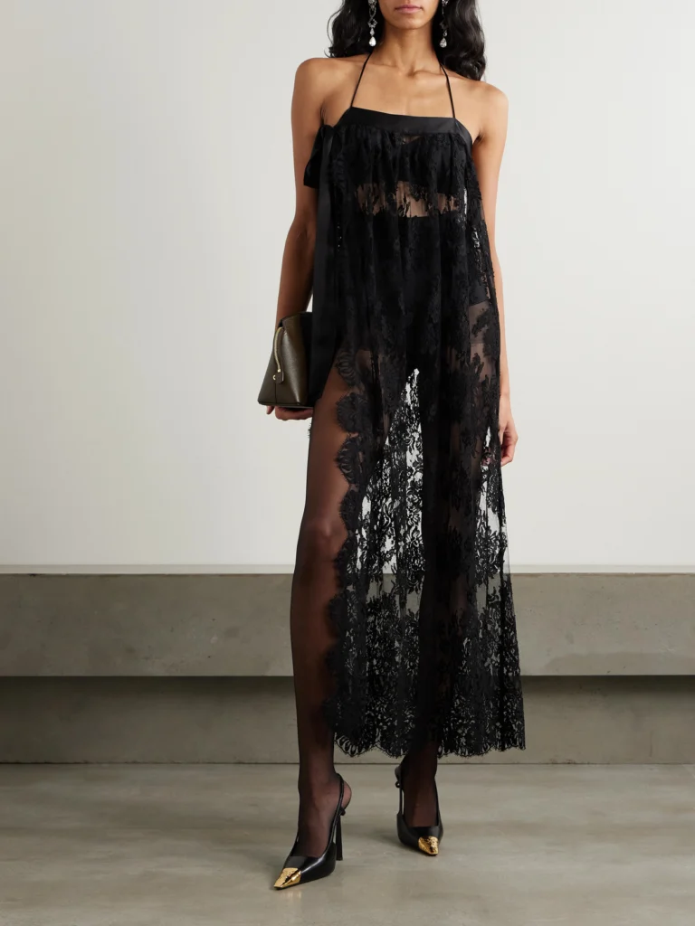 Dolce & Gabbana Halterneck Satin-trimmed Cotton-blend Lace Midi Wrap Dress