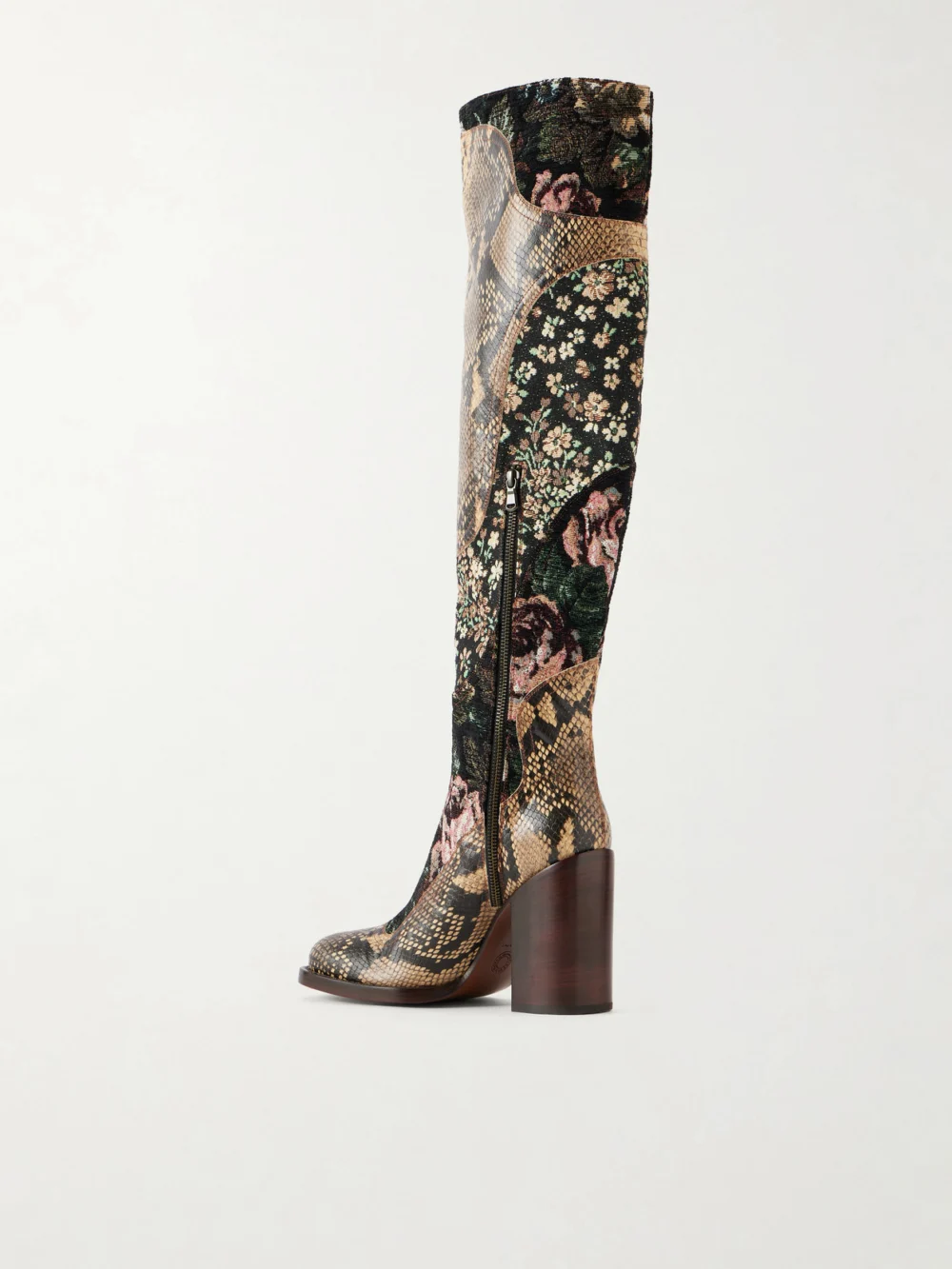 Back view of the Dries Van Noten Leather and Floral-jacqaurd Over-the-knee Boots