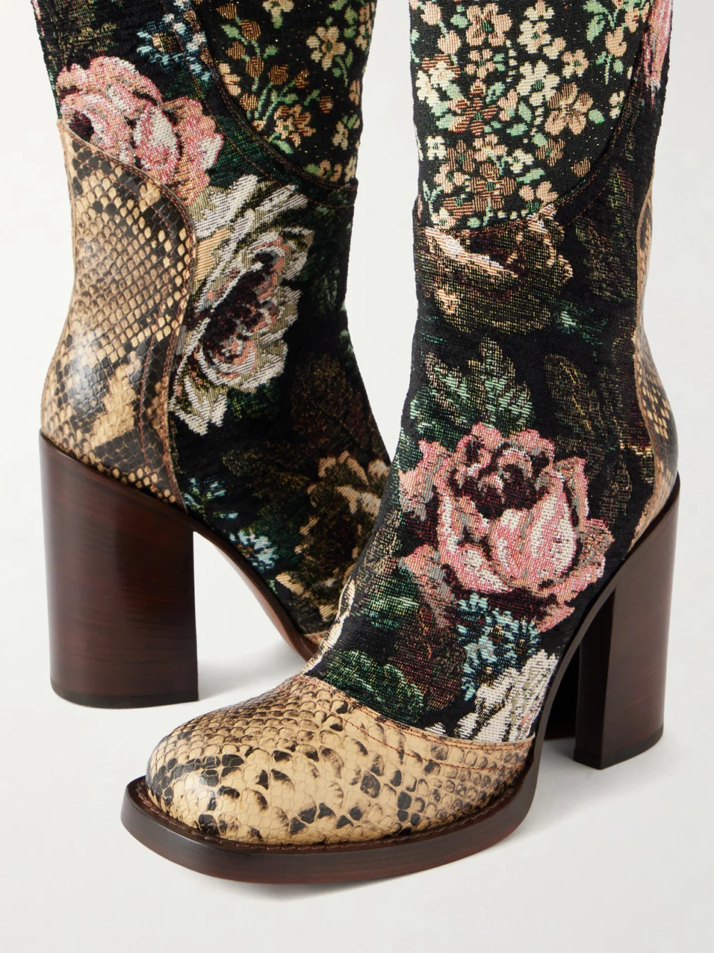 Close-up detail of the Dries Van Noten Leather and Floral-jacqaurd Over-the-knee Boots