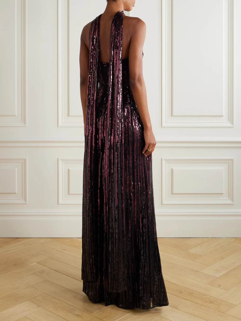 Back view of the Elie Saab Strapless Scarf-detailed Sequined Tulle Gown