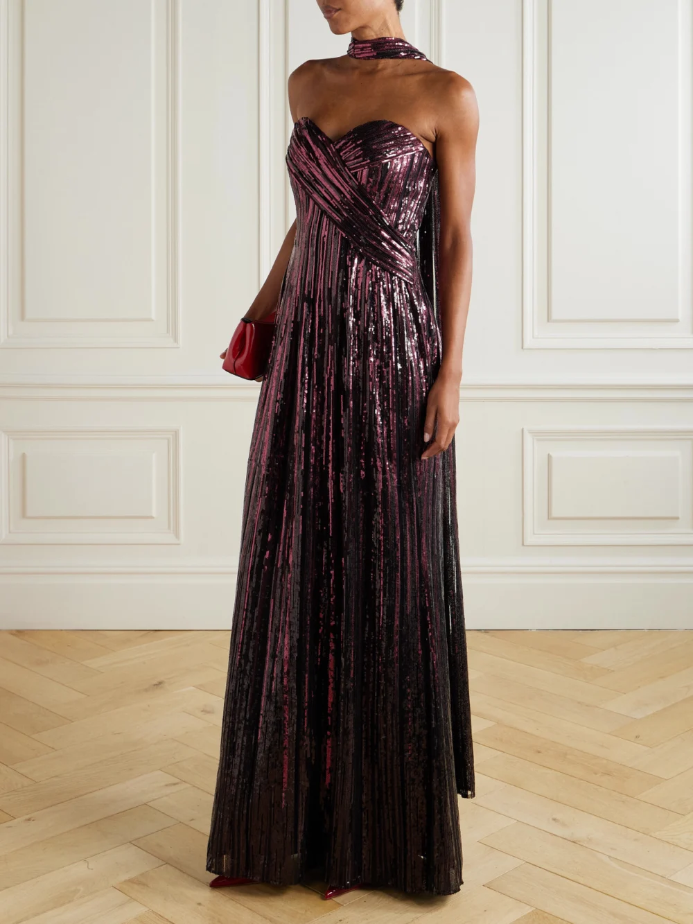 Elie Saab Strapless Scarf-detailed Sequined Tulle Gown, worn by a model