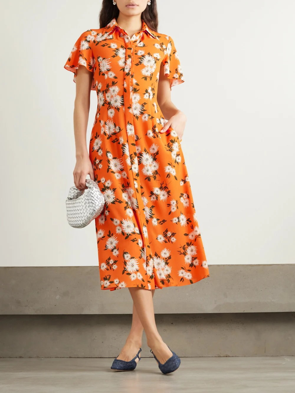 Emilia Wickstead Florencia Floral-print Stretch-crepe Midi Shirt Dress, worn by a model