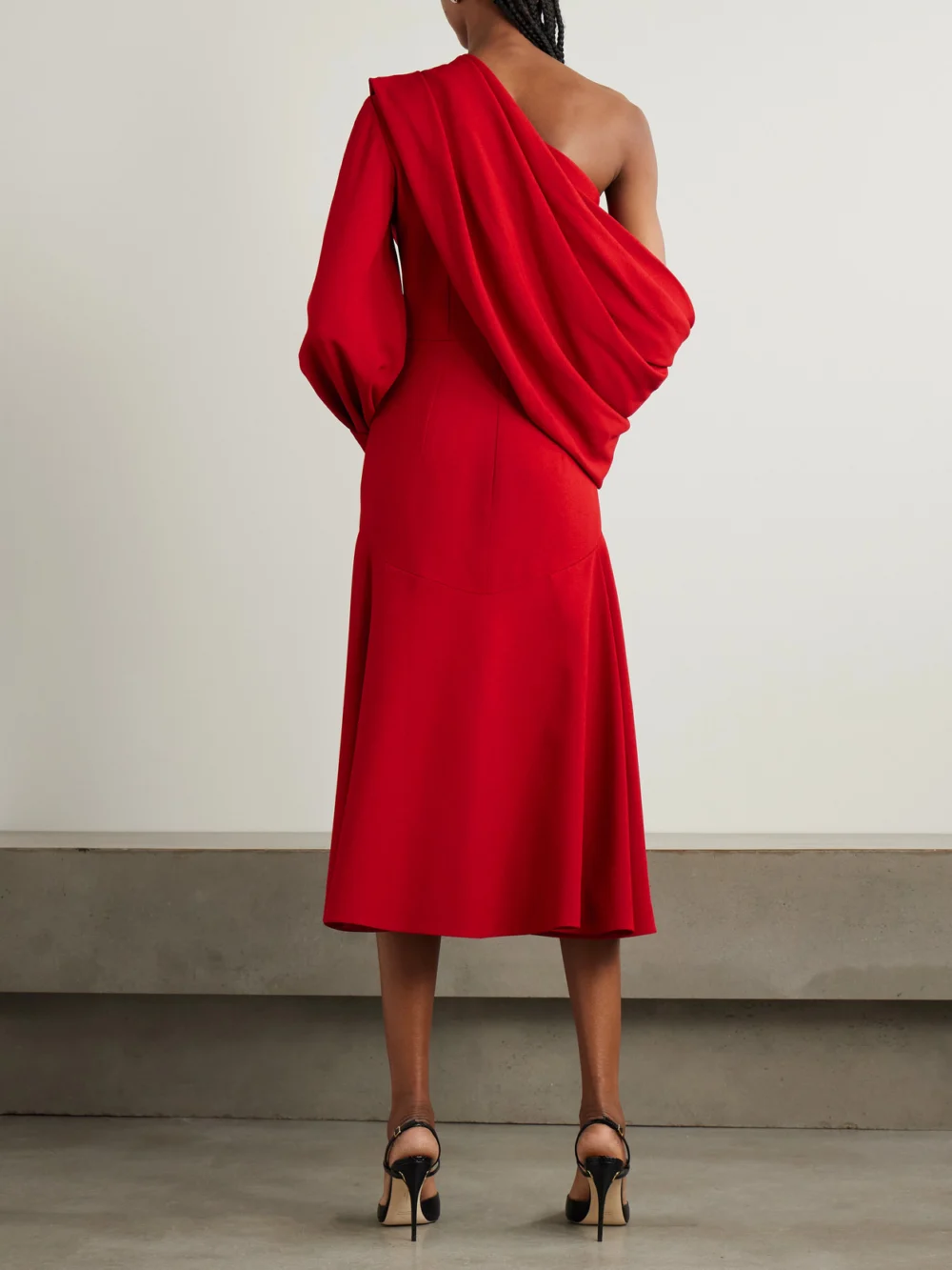 Back view of the Emilia Wickstead Sehima One-shoulder Draped Crepe Midi Dress