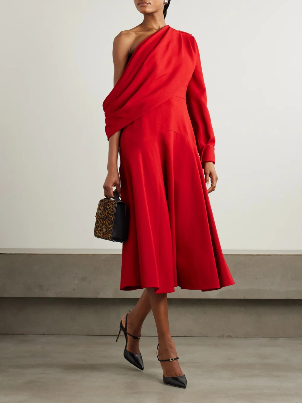 Emilia Wickstead Sehima One-shoulder Draped Crepe Midi Dress, worn by a model