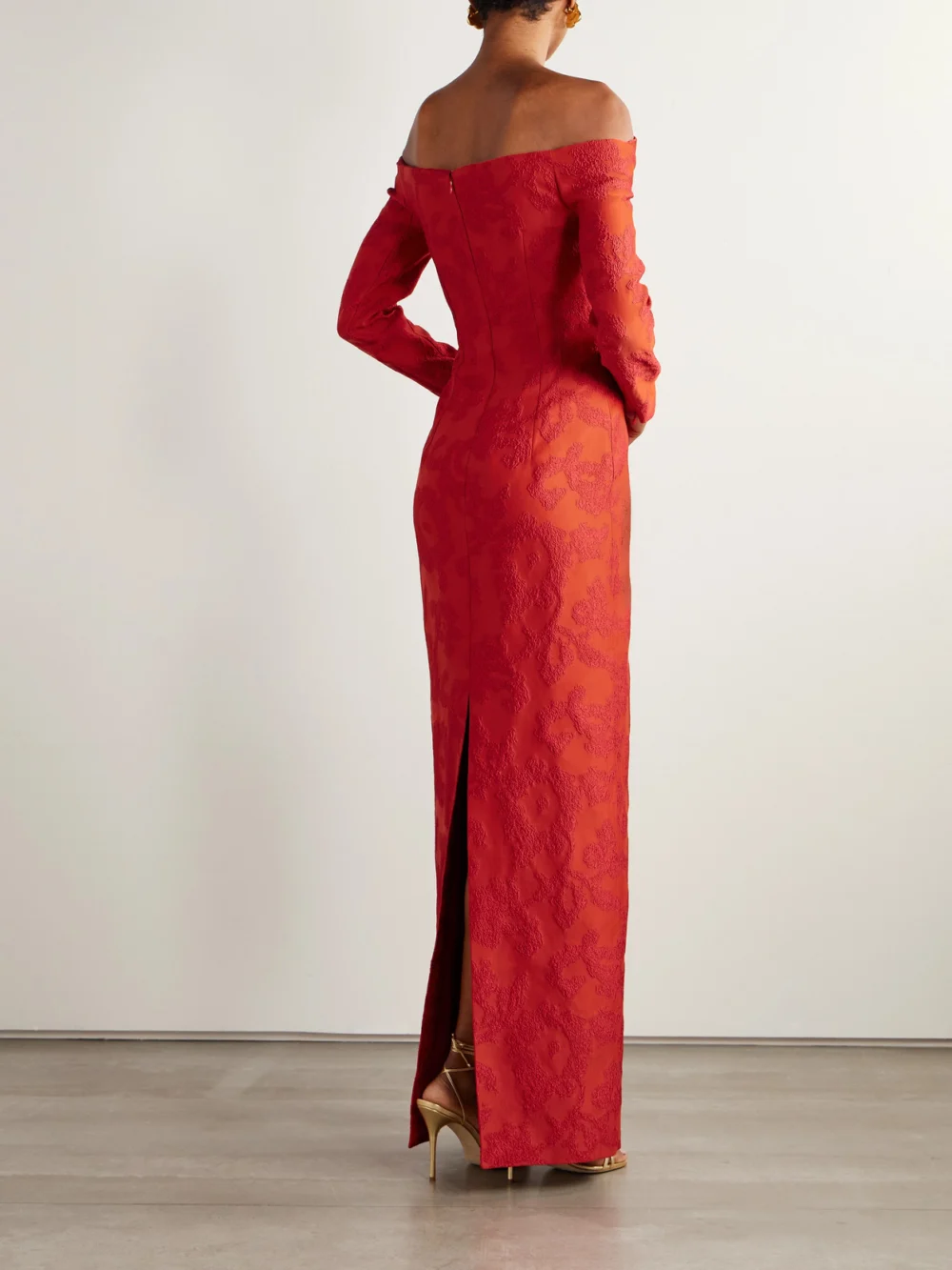 Back view of the Emilia Wickstead Zarit Off-the-shoulder Bouclé-jacquard Maxi Dress