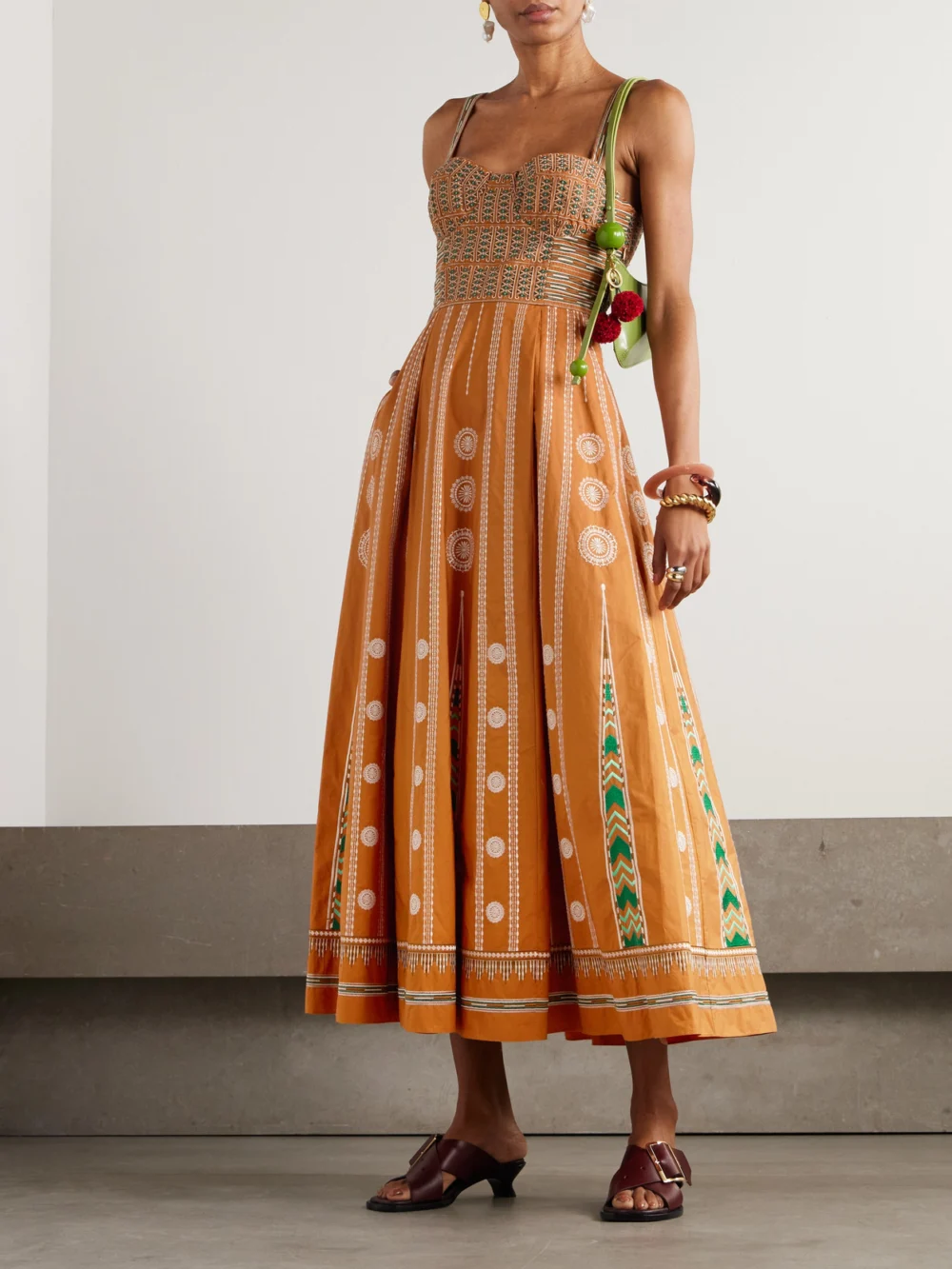 Emporio Sirenuse Elida Embroidered Silk Midi Dress, worn by a model