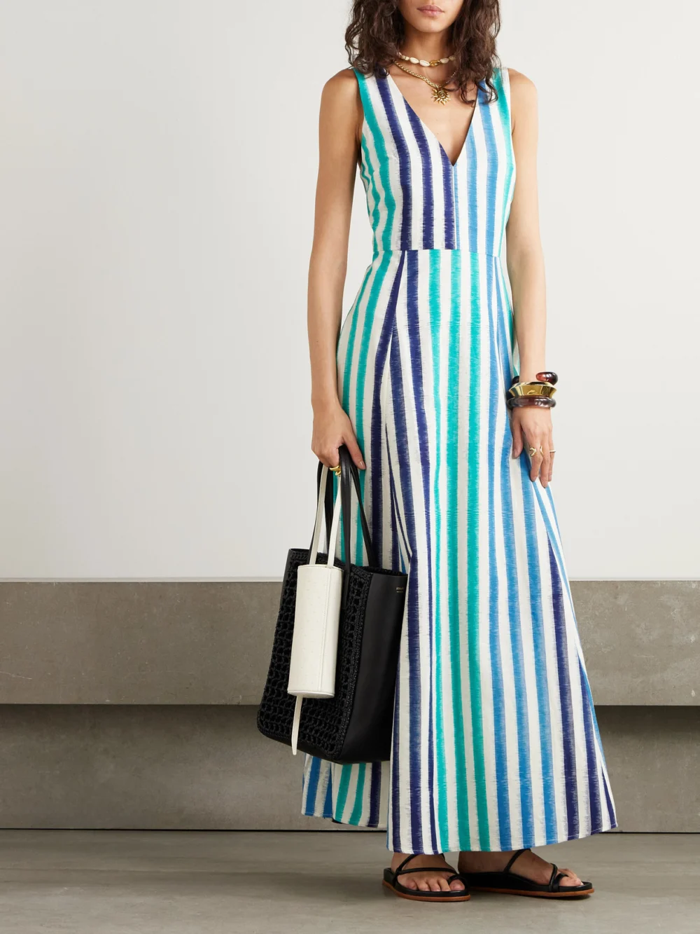 Emporio Sirenuse Nellie Striped Cotton Maxi Dress, worn by a model