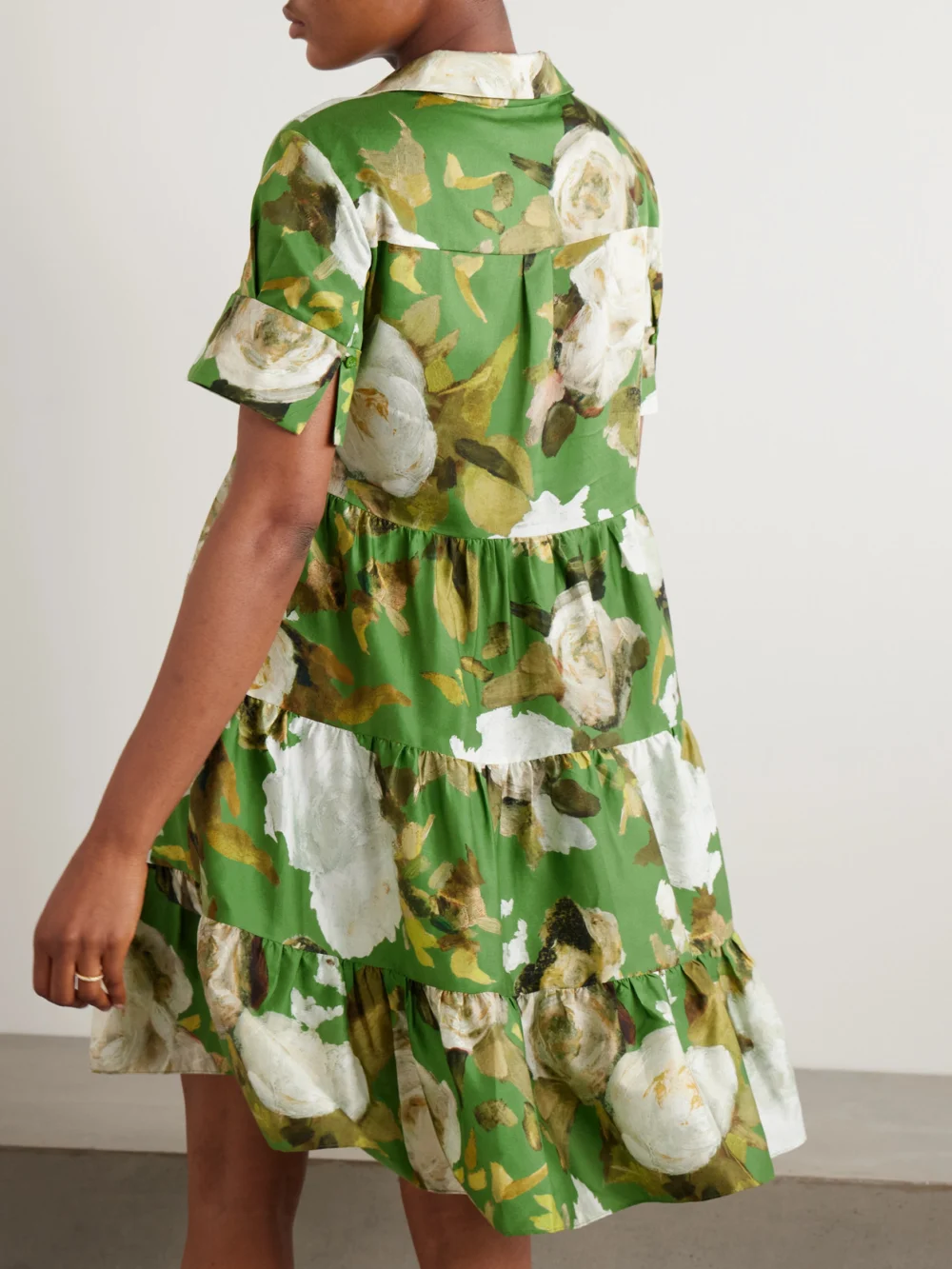 Back view of the Erdem Gathered Tiered Floral-print Cotton-poplin Mini Shirt Dress