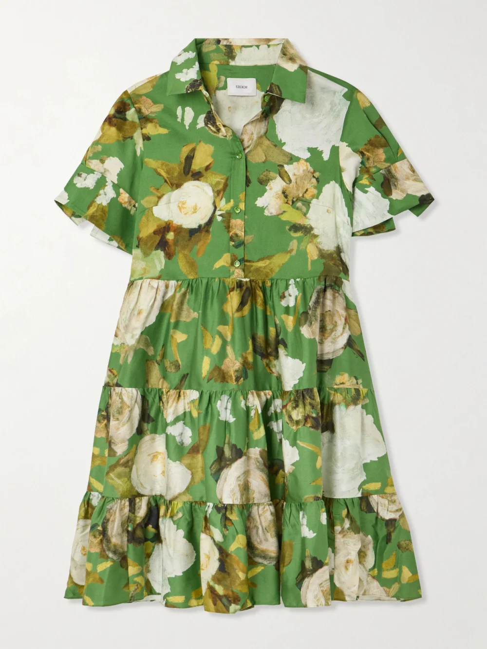 Erdem Gathered Tiered Floral-print Cotton-poplin Mini Shirt Dress in green