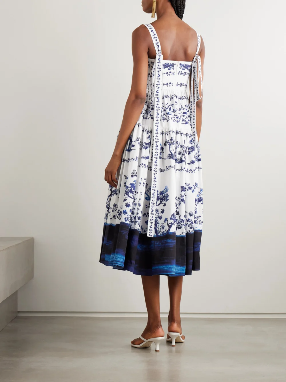 Back view of the Erdem Tiered Floral-print Cotton-poplin Midi Dress