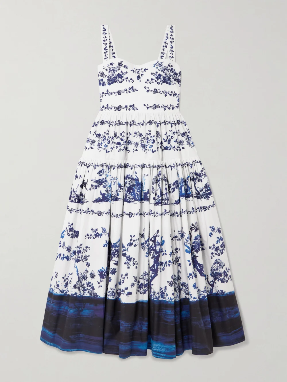 Erdem Tiered Floral-print Cotton-poplin Midi Dress in blue