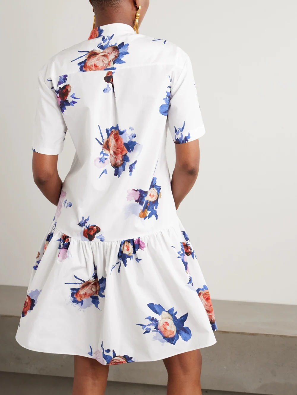 Back view of the Erdem Tiered Floral-print Cotton-poplin Mini Shirt Dress