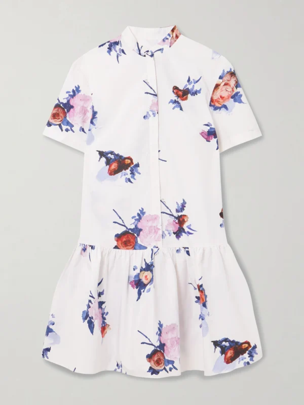Erdem Tiered Floral-print Cotton-poplin Mini Shirt Dress