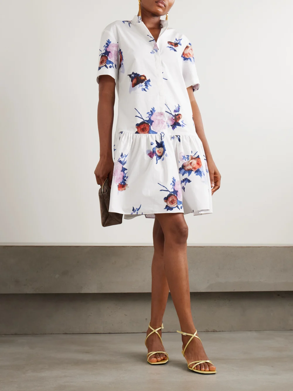 Erdem Tiered Floral-print Cotton-poplin Mini Shirt Dress, worn by a model